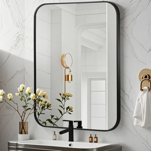 Vista 31 de Espejo de baño negro de 22"x30", espejo rectangular con marco de metal negro mate, espejo de tocador con esquinas cuadradas, espejo para pared