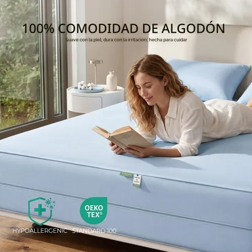 Vista 5 de FAUNNA Funda protectora de colchón 100% algodón para evitar el polvo Azul
