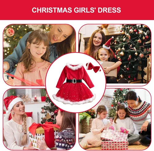 Vista 4 de BBAUER Disfraz de Santa Claus, vestido de manga larga de Xmmas Mrs. Claus, traje de Papá Noel con ribete fruncido, lazo rojo de la señora Claus