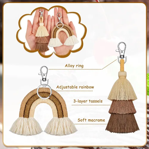 Vista 3 de 2 llaveros bohemios de arco iris con borlas y pompones para macramé para mujeres y niñas