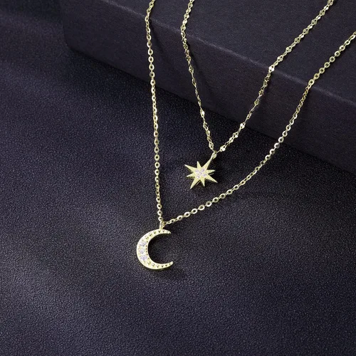Vista 4 de SLUYNZ Collar de Gargantilla de Cadena de Plata de Ley 925 con Capas, Collar de Estrellas y Lunas para Mujeres, Gargantilla de Cadena de Capas