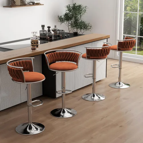 Vista 28 de Juego de 2 taburetes de bar giratorios de 360°, silla de bar de terciopelo ajustable a altura de mostrador moderna, taburete de metal plateado