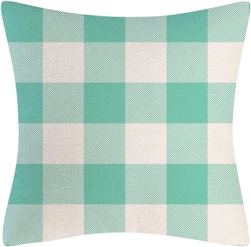 Vista 2 de Fundas de almohada decorativas rústicas de Aqua y blanco a cuadros estilo búfalo para sofá, funda de almohada para granja, decoración