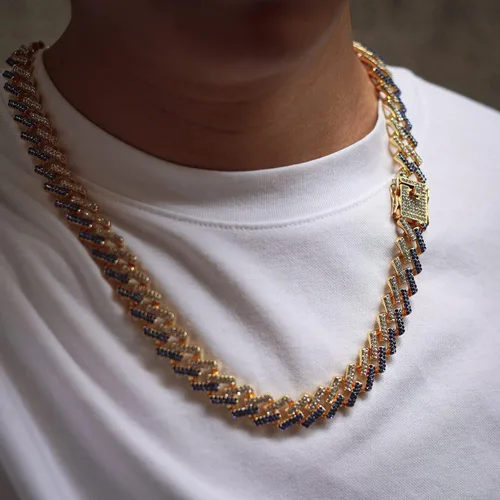 Vista 3 de Cadenas de oro para hombre, diamantes azules, negros, rojos, blancos, eslabones cubanos helados, 130.591 in de ancho, chapado en oro real de 18