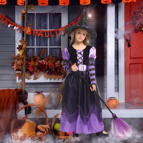 Vista 6 de KUJAIS Disfraz de bruja para niñas, disfraces de Halloween para niñas, niños, disfraz de bruja de cuento de hadas, conjunto de lujo