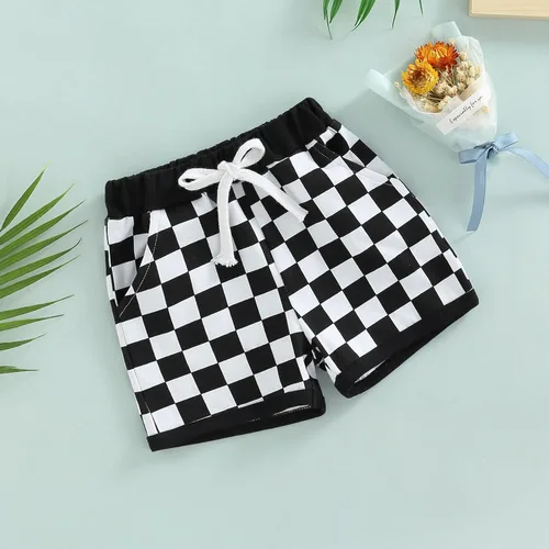 Vista 3 de Pantalones cortos de verano para bebé, con estampado a cuadros, de algodón, casuales, cintura elástica, pantalones cortos para correr