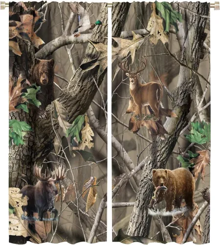 Vista 58 de Cortinas opacas de camuflaje de bosque, animales salvajes, osos, ciervos, alces, con bolsillo para barra, para sala de estar, dormitorio, decoración