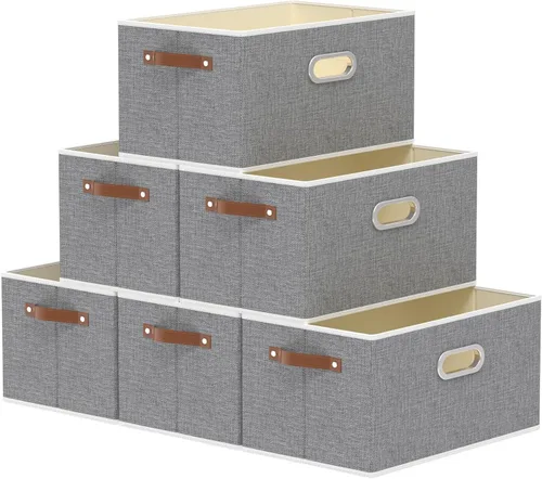 Vista 15 de Yawinhe Cestas de almacenamiento de tela, organizador plegable de armario para estantes, cajas grandes con 3 asas, contenedores de lona para ropa