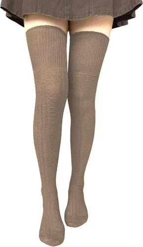 Vista 9 de Bestjybt Calcetines altos hasta el muslo para mujer de algodón con punto trenzado por encima de la rodilla, medias tipo bota, calentadores de Negro