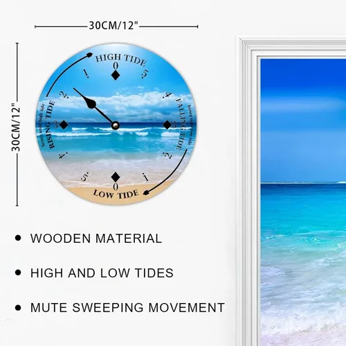 Vista 2 de Reloj de marea de madera, reloj de pared de madera costera, reloj de predicción de mareas de luna con marea alta y baja marea náutica, reloj