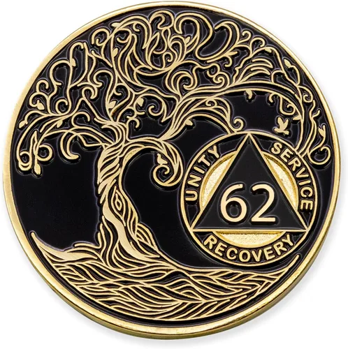 Vista 82 de 1 año Sobriety Mint Twisted Tree of Life Medallón de recuperación AA chapado en oro, chip/ficha - negro