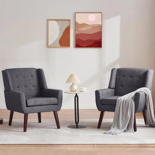 Vista 21 de HUIMO - Sillas Accent para sala de estar, sillón tapizado de lino con botones y nudos con patas de madera, cómodo sillón moderno de mediados