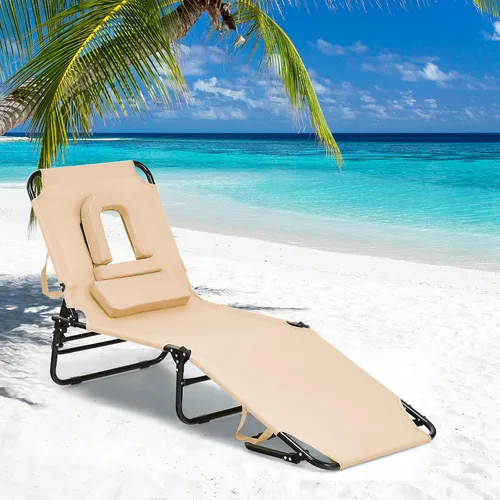 Vista 2 de Sillón plegable de playa con 5 respaldos ajustables y almohada acolchada, tumbona para tomar el sol, silla plana de bronceado para cubierta de Beige