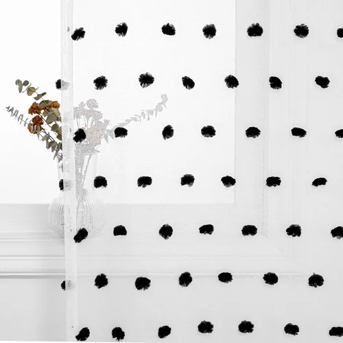 Vista 9 de MYSKY HOME Cortinas transparentes negras con pompones de 45 pulgadas, 2 paneles, 52"W x 45"L, dormitorio, cocina, cuarto de bebé, bolsillo