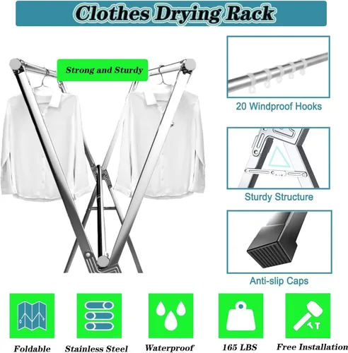 Vista 3 de Estante de secado de ropa de acero inoxidable, estantes para secadora de ropa plegables para lavandería, estantes para secadora de ropa al aire
