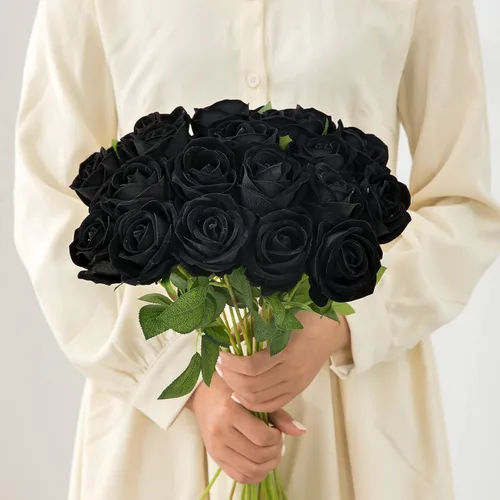 Vista 9 de Hawesome Rosas artificiales de seda – 12 piezas de rosas negras artificiales con tallos para decoración del hogar, boda, centro de mesa, hotel