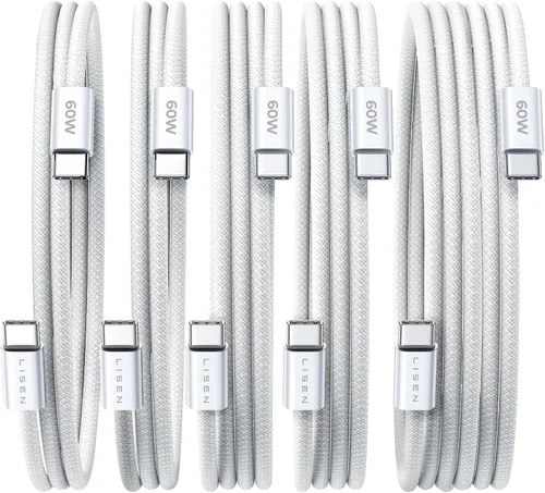 Vista 29 de LISEN Cable USB C, paquete de 5 cables USBC a USBC [0.5 pies] para iPhone 17 16e 15 Pro Max, cable de carga rápida de 60 W C a C para Galaxy Negro
