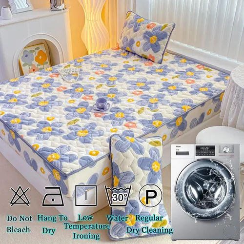 Vista 4 de Juego de sábanas bajeras extra largas tamaño King de 3 piezas con 2 fundas de almohada, forro polar de leche, suave para arrugas y antidecoloración