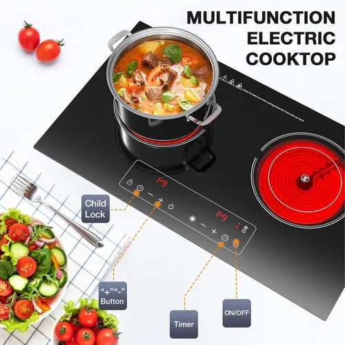 Vista 8 de Cocina eléctrica, 110 V, 2400 W, 2 quemadores, encimera y estufa integrada con 9 niveles de potencia, bloqueo de seguridad para niños, temporizador