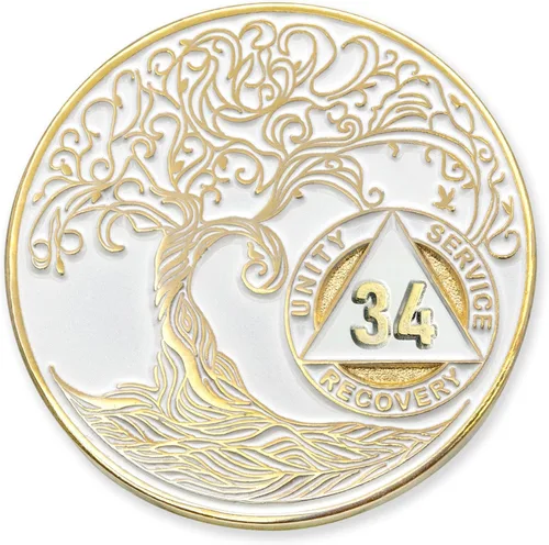 Vista 79 de 1 año Sobriety Mint Twisted Tree of Life Medallón de recuperación AA chapado en oro, chip/ficha - negro