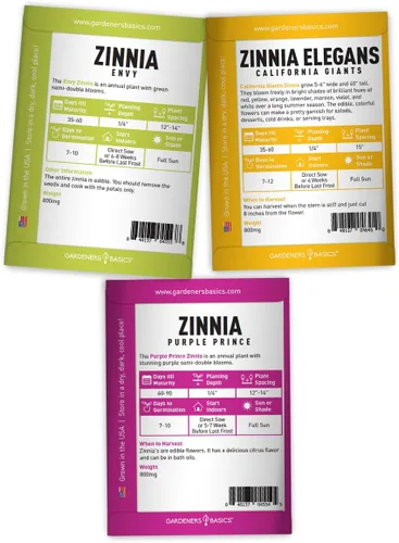 Vista 3 de Gardeners Basics, Semillas de Zinnia para plantar al aire libre (5 variedades) variedades de pulbelina, lilliput, envidia, príncipe púrpura y pompón