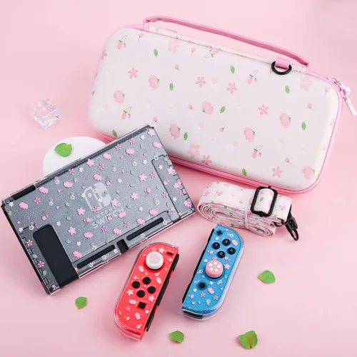Vista 6 de FANPL Lindo paquete de funda de transporte para Nintendo Switch, kit de accesorios de funda de interruptor rosa con funda de viaje dura de flores