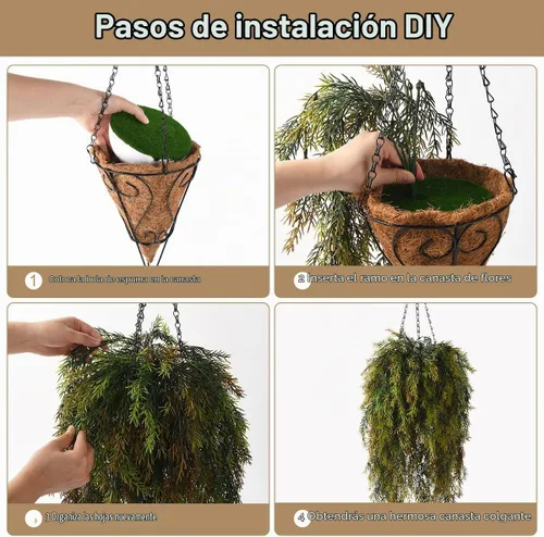 Vista 3 de ZFProcess Cesta de plantas colgantes artificiales para decoración de primavera al aire libre, plantas falsas de algas marinas resistentes a los Verde