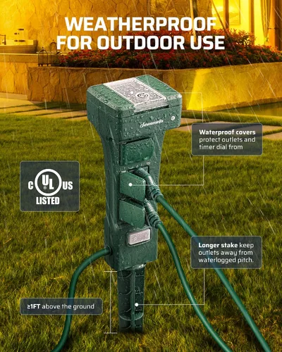 Vista 5 de DEWENWILS - Temporizador de estaca para exteriores impermeable, temporizador de salida con control remoto de 100 pies de alcance, 6 tomas a tierra