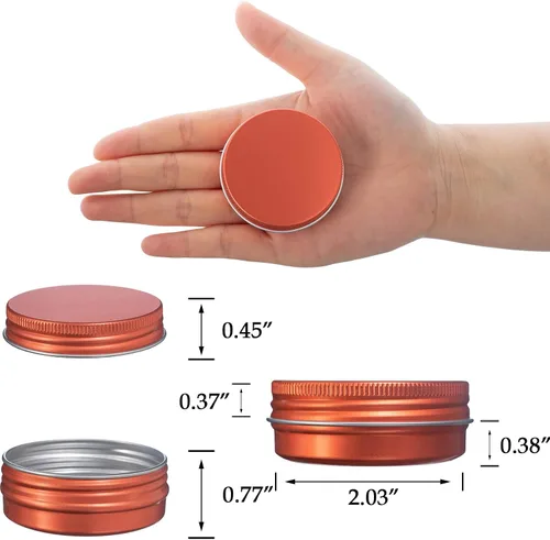 Vista 2 de Recipiente de aluminio de 1 oz / 30ml con tapa de rosca y etiquetas en blanco (Naranja - Paquete de 32) Secure Packaging, Tight Screw Lids