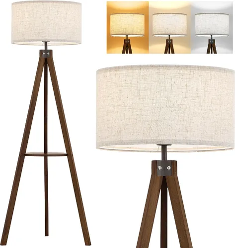 Vista 11 de ELYONA Lámpara de pie con trípode de madera estilo granja con mesa, lámpara de pie de lectura moderna con 3 temperaturas de color, bombilla LED