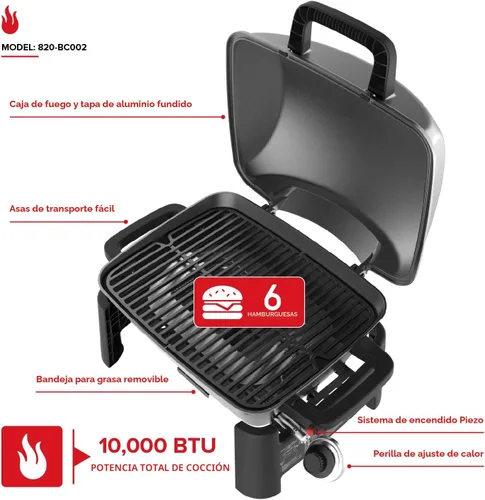 Vista 3 de Nexgrill Parrilla de gas propano portátil de 1 quemador con tapa, encendido piezoeléctrico, 10,000 BTU, 183 pulgadas cuadradas, parrilla de mesa