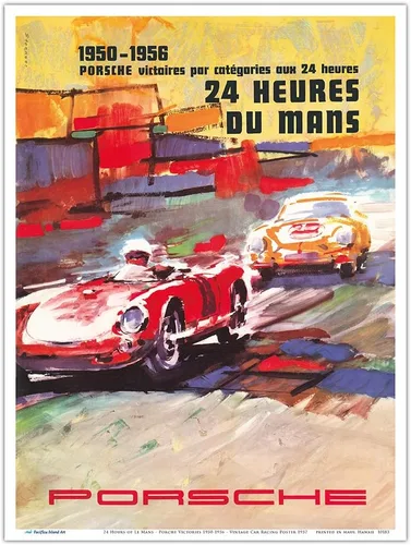 Vista 9 de 24 Hours of Le Mans - 1950-1956 Porsche Victories - Vintage Car Racing Poster c.1957 - Master Art Print (Unframed) 6in x 9in