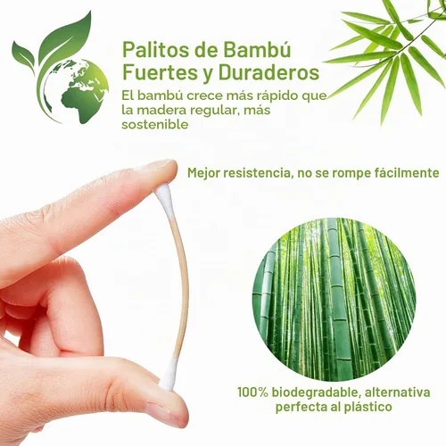 Vista 3 de 800 Hisopos de Algodón de Bambú - Bastoncillos de Algodón Orgánico Natural con Puntas Dobles, Hipoalergénicos, Hisopos Biodegradables para Limpieza