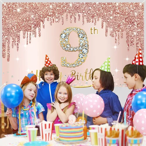 Vista 5 de Cartel de feliz 9º cumpleaños para niñas, suministros de fiesta de noveno año de oro rosa, cartel rosa de 9 años, decoración de cabina de fotos
