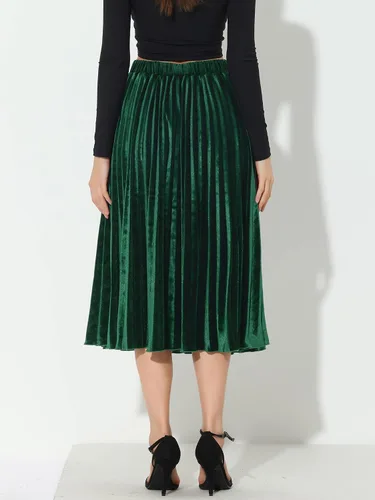 Vista 4 de Allegra K Falda midi plisada de terciopelo para mujer, de cintura alta, elástica, para otoño e invierno