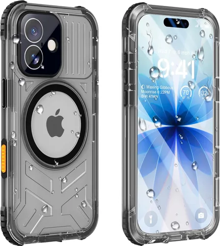 Vista 23 de Funda impermeable para iPhone 15 con Magsafe, protector de pantalla, cordón, IP68 militar de cuerpo completo a prueba de golpes, para deportes