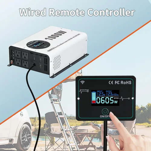 Vista 3 de Inversor de Potencia de 1000 Vatios Potencia Pico 2000W Onda Sinusoidal Pura 12V DC a 120V AC Convertidor RV con Control Remoto Inalámbrico Pantalla