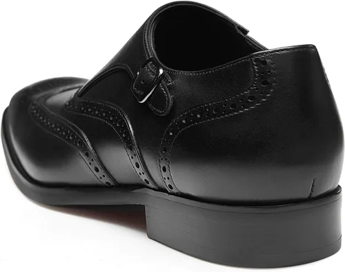 Vista 4 de FRASOICUS Zapatos de vestir para hombre, de cuero genuino, correa de monje, zapatos formales con punta de ala, mocasín sin cordones