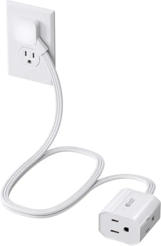 Vista 10 de Cable de extensión corto de 1.5 pies SUPERDANNY, regleta de enchufe plano en ángulo recto, cable de extensión de 13 A para interiores con 3 tomas