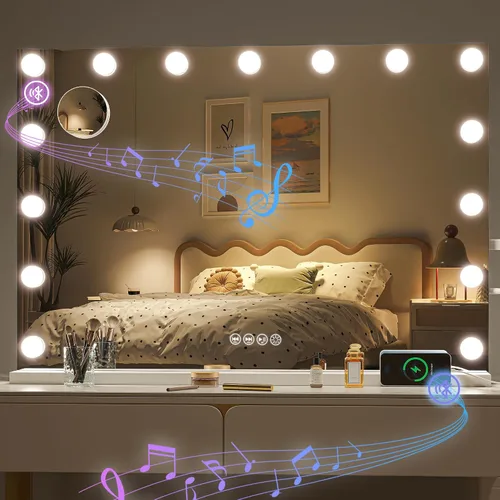 Vista 11 de Hasipu Espejo de tocador Hollywood de vidrio templado de 29 x 20.01 pulgadas con luces, altavoz Bluetooth, espejo de maquillaje con luces, 14