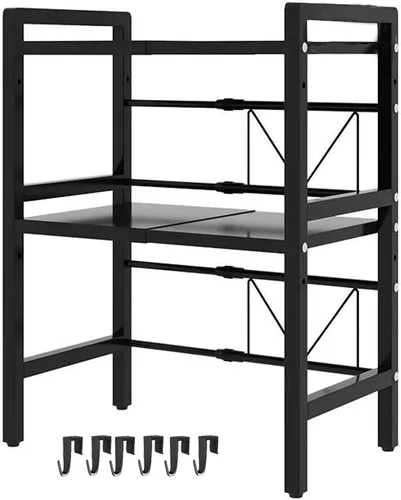 Vista 8 de Estante para horno de microondas, soporte para microondas, estante ajustable con 6 ganchos, estante para microondas, soporte para microondas