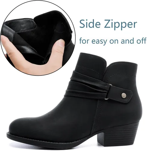 Vista 3 de Luoika Botines anchos para mujer, botas cortas negras y marrones con tacón bajo y cremallera lateral.