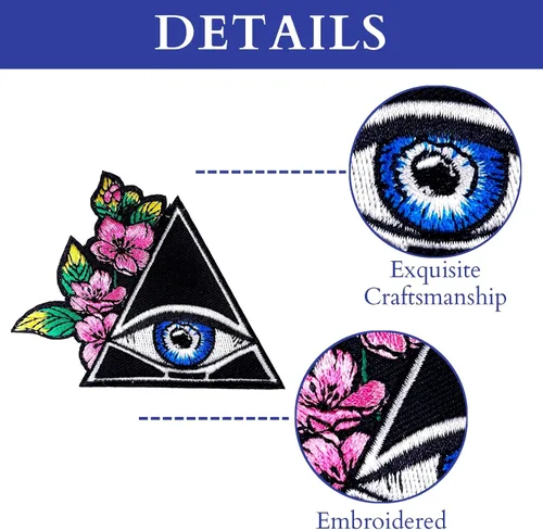 Vista 2 de Parches para planchar, ojo triangular y flor coser, parche bordado misterioso para chaquetas, ropa, sombreros, mochilas y jeans.