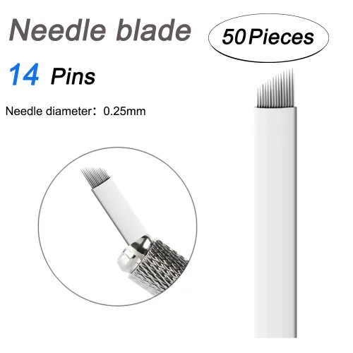 Vista 4 de Pinkiou Microblading Needles - Cuchillas para tatuaje de cejas para maquillaje permanente, 14 pines, suministros de microblade