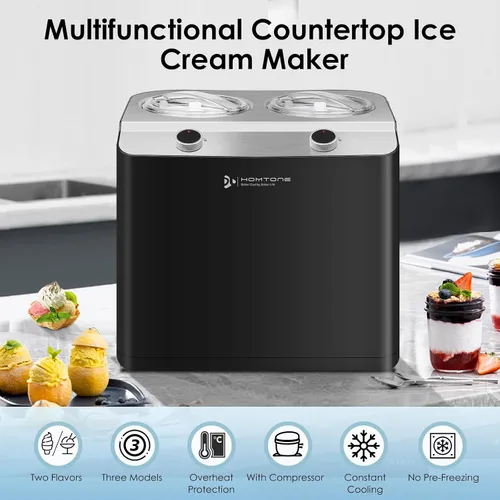 Vista 2 de Homtone Máquina de helados de 2 sabores, compresor automático de helados con 2 cuencos, 2.6 cuartos de galón (2 x 1.3 qt) de mayor capacidad