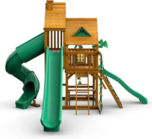 Vista 5 de Gorilla Playsets 01-0031-AP Juego de columpios de madera Great Skye II con techo de madera, 3 toboganes y pared de roca, color marrón