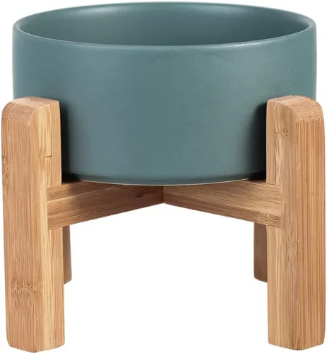 Vista 19 de Cuenco elevado de cerámica para gatos - Cuenco de comida para gatos con soporte de bambú - Plato elevado de comida para perros para cachorros - Verde