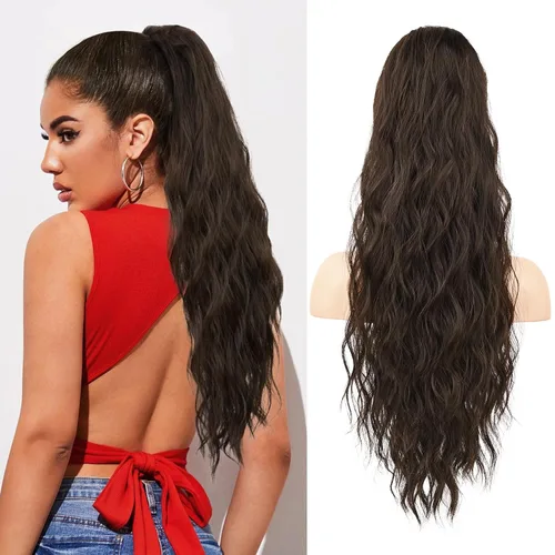 Vista 19 de FLUFYMOOZ Extensión de cola de caballo de 22 pulgadas, extensiones de cabello sintético ondulado largo y rizado para mujer