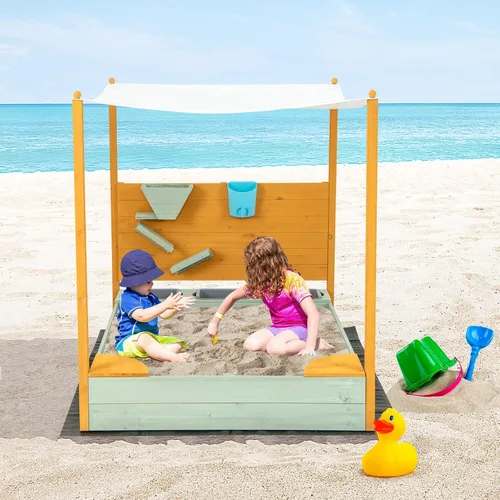 Vista 9 de Costzon Caja de arena para niños con pared de arena, arenero de madera con toldo extraíble, cubo de agua, contenedores de almacenamiento, 2 asientos
