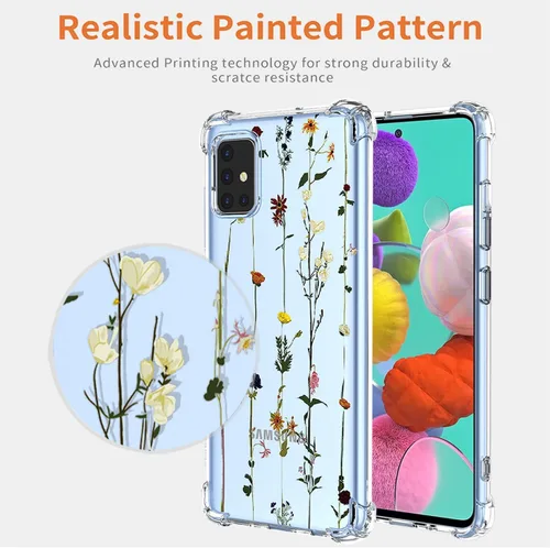 Vista 3 de Funda para Galaxy A71 4G, Samsung A71 4G SM-A715F con protector de pantalla, funda transparente con patrones de jardín de flores, funda protectora